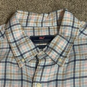 Vineyard Vines Mens Shirt Classic Fit‎ 100% Linen Blue Pink Plaid Medium